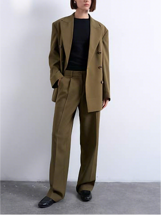 Olive Green Oversized Double-Breasted Blazer and Wide-Leg Pants Set