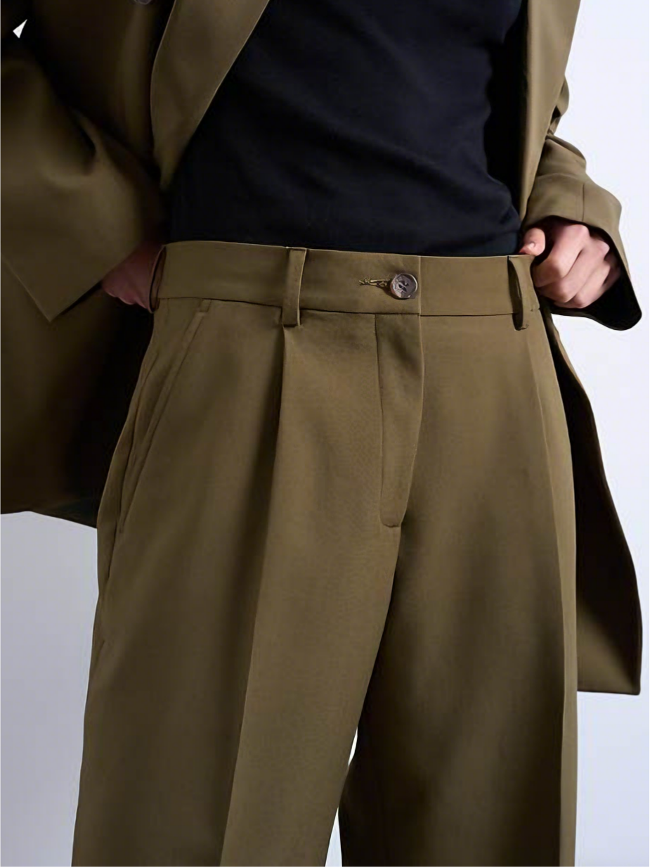 Olive Green Oversized Double-Breasted Blazer and Wide-Leg Pants Set