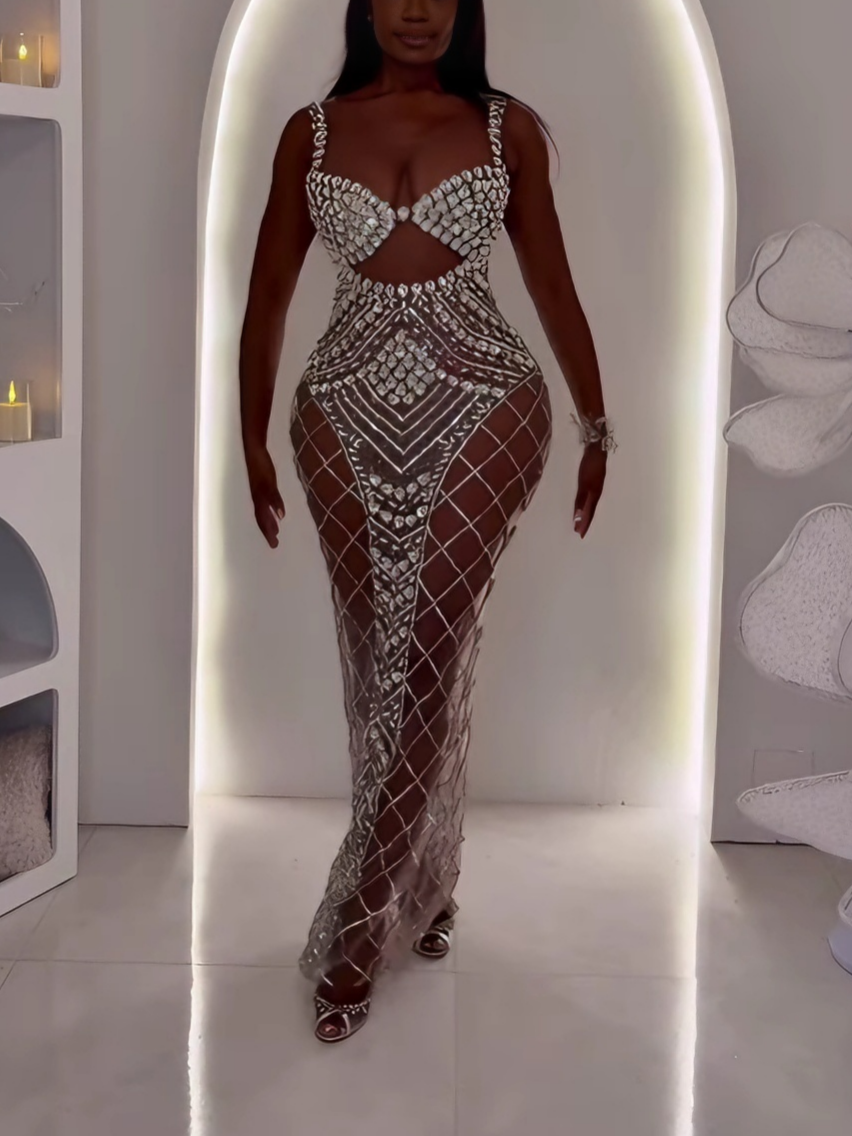 Rhinestone Mesh See-Through Evening Gown