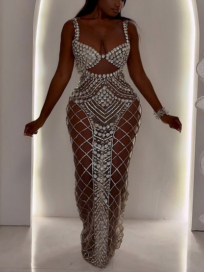 Rhinestone Mesh See-Through Evening Gown