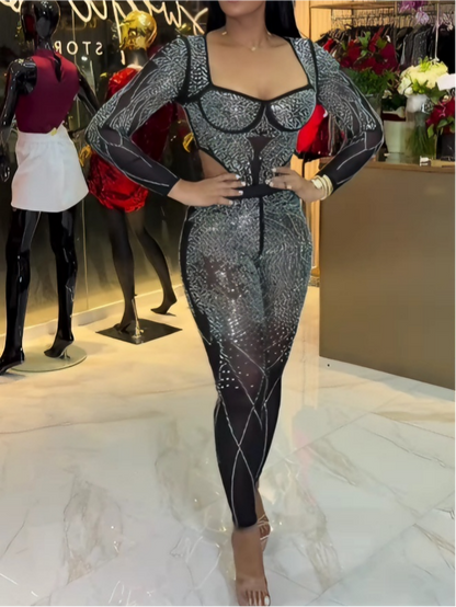 Silver Rhinestone Sheer Mesh Long Sleeve Bodysuit & Pants Two-Piece Set