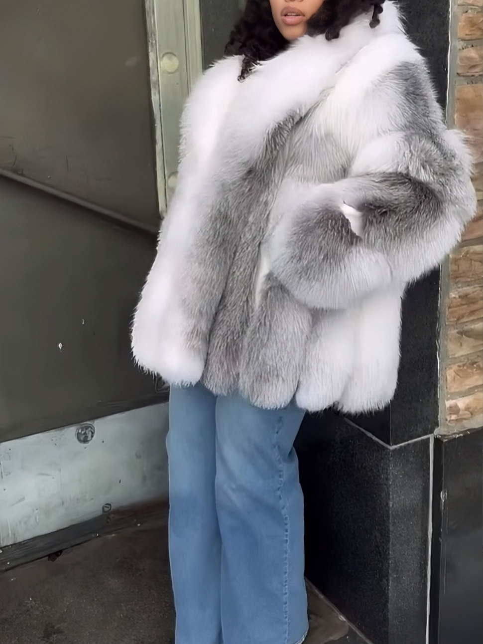 Gradient White Gray Fox Fur Coat