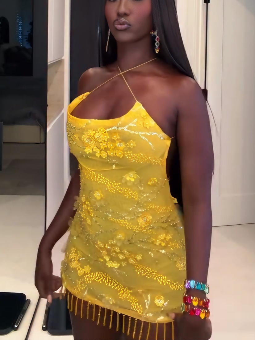 Vibrant Yellow Embellished Mini Gown