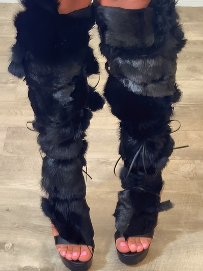 Black Fur Sandal Wrap Shoe