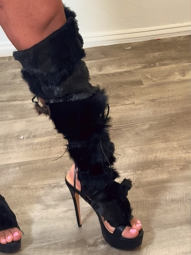 Black Fur Sandal Wrap Shoe