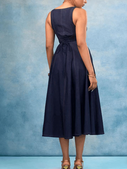 Square Neck Navy Blue Denim Midi Dress
