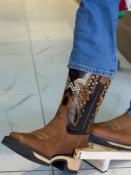 Men's Brown Embroidered Star Detail Cowboy Boots