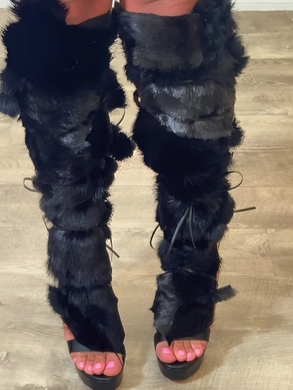 Black Fur Sandal Wrap Shoe