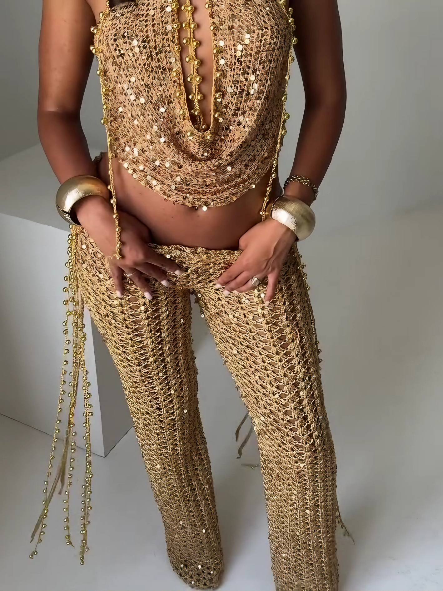 Gilded Luxury Hollow Knit Two-Piece Set