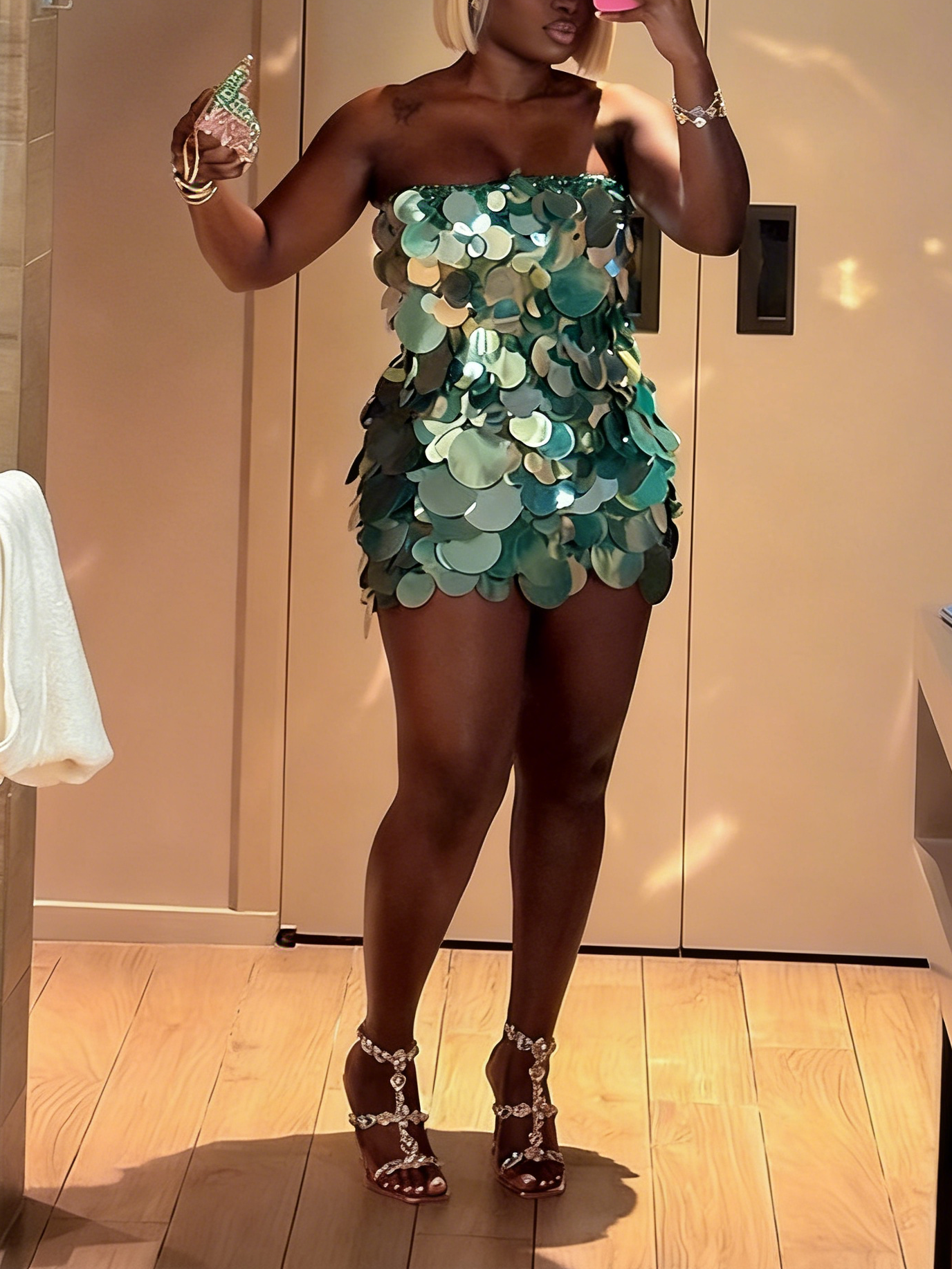 Teal Sequin Disc Strapless Mini Dress