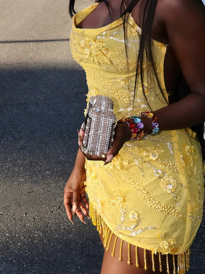 Vibrant Yellow Embellished Mini Gown