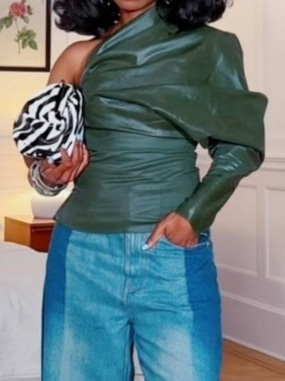 Chic One Shoulder Green Leather Top