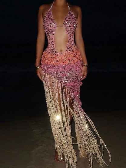 Pink Ombre Sequin Halter Cutout Fringe Maxi Dress