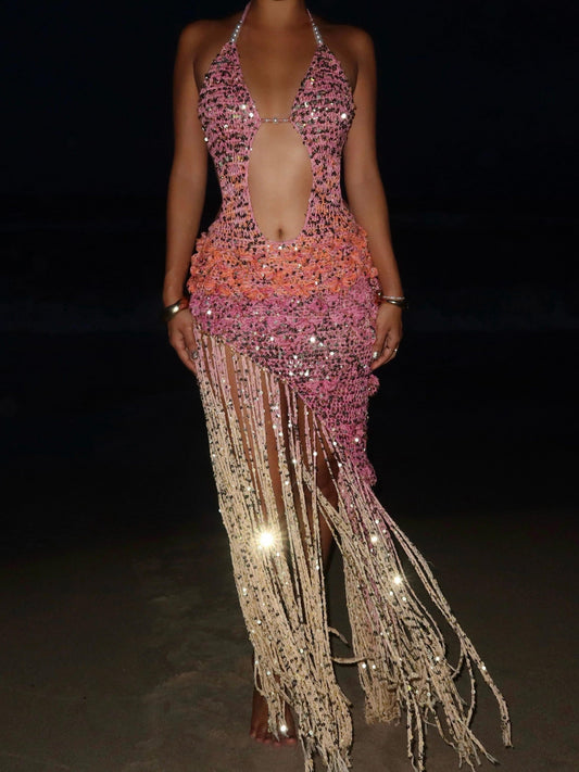 Pink Ombre Sequin Halter Cutout Fringe Maxi Dress