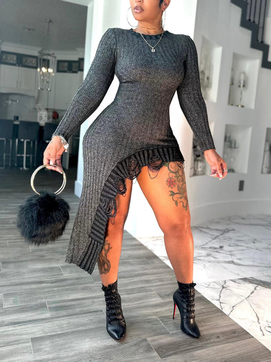 Charcoal Metallic Ribbed Knit Long Sleeve Asymmetrical Fringe Hem Bodycon Dress