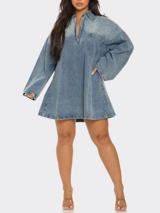 Oversized Washed Blue Denim Half-Zip Shirt Dress