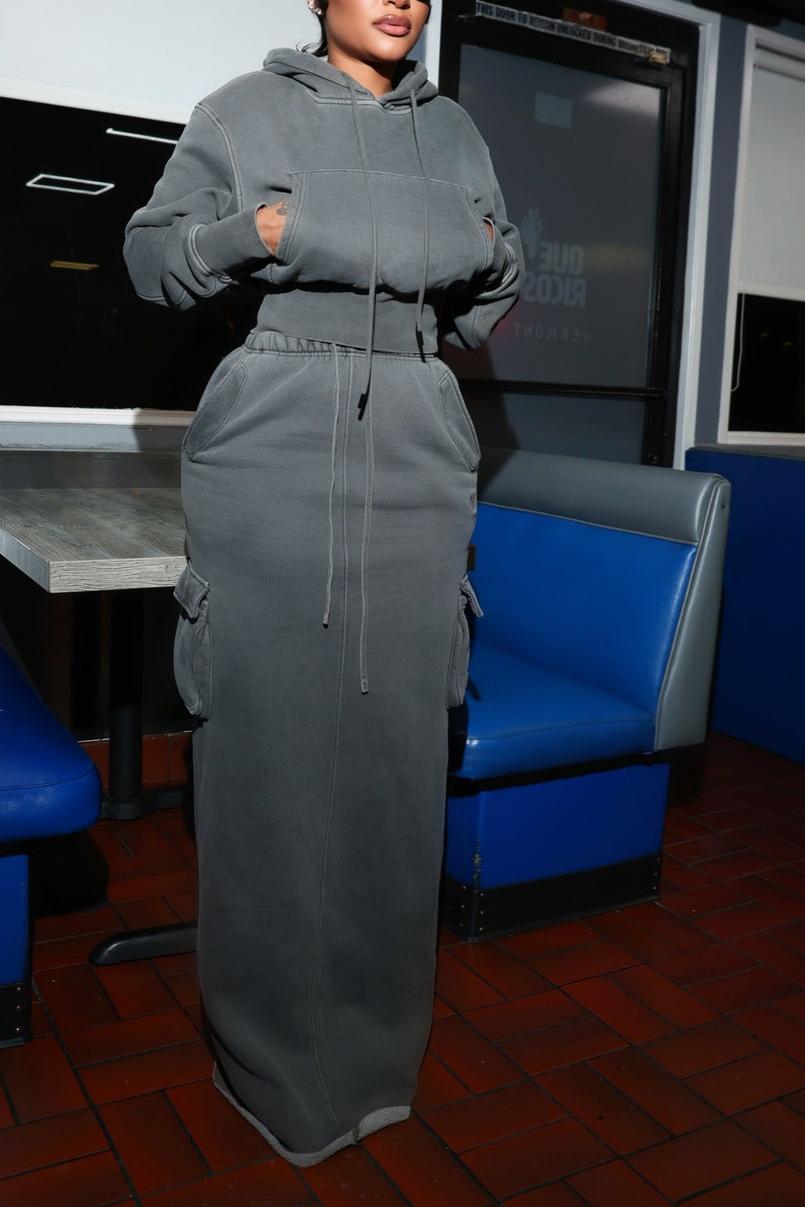 3-Piece Mix & Match Set: Vintage Wash Fleece Cropped Hoodie Jacket+Cropped Hooded Sweatshirt+Cargo Maxi Skirt