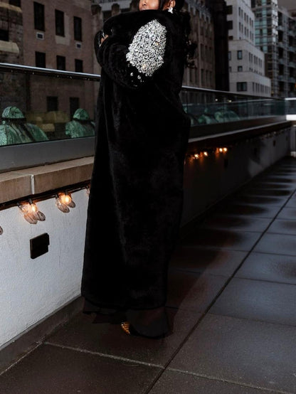 Embellished Sleeve Luxe Oversized Evening Party Fur Coat