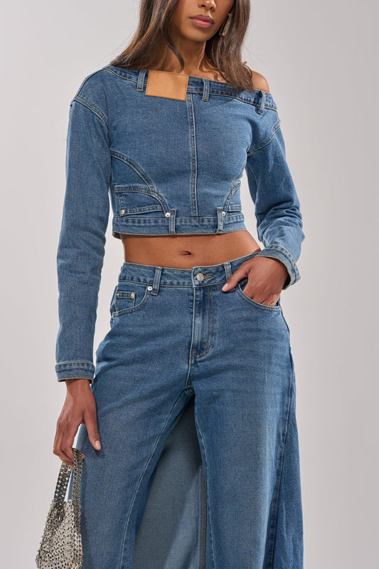 Indigo Muse Off-Shoulder Denim Crop Top & Faux-Skirt Jean Set