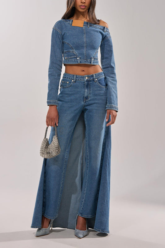 Indigo Muse Off-Shoulder Denim Crop Top & Faux-Skirt Jean Set