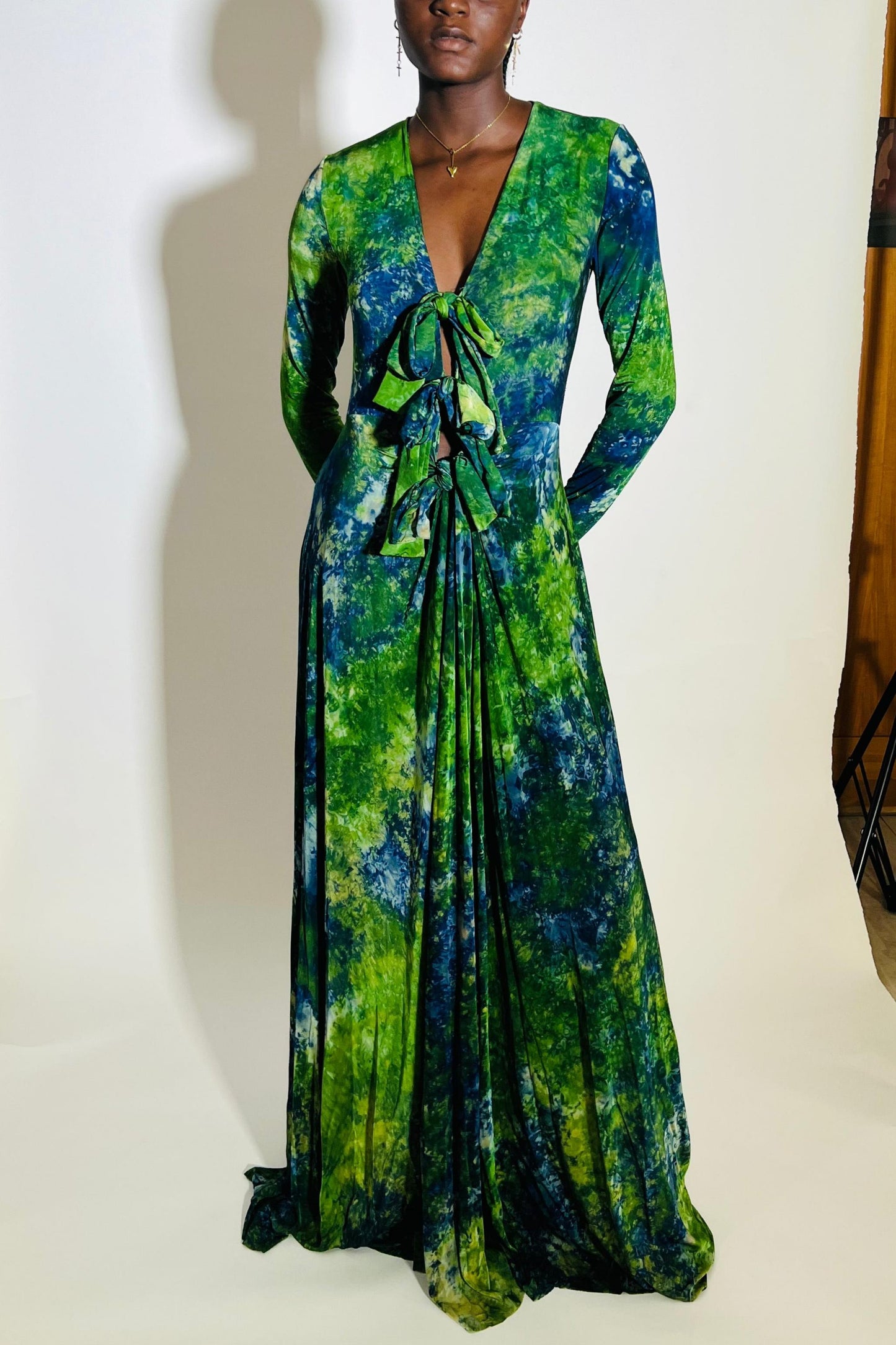 Green & Blue Tie Dye Long Sleeve Deep V Maxi Dress