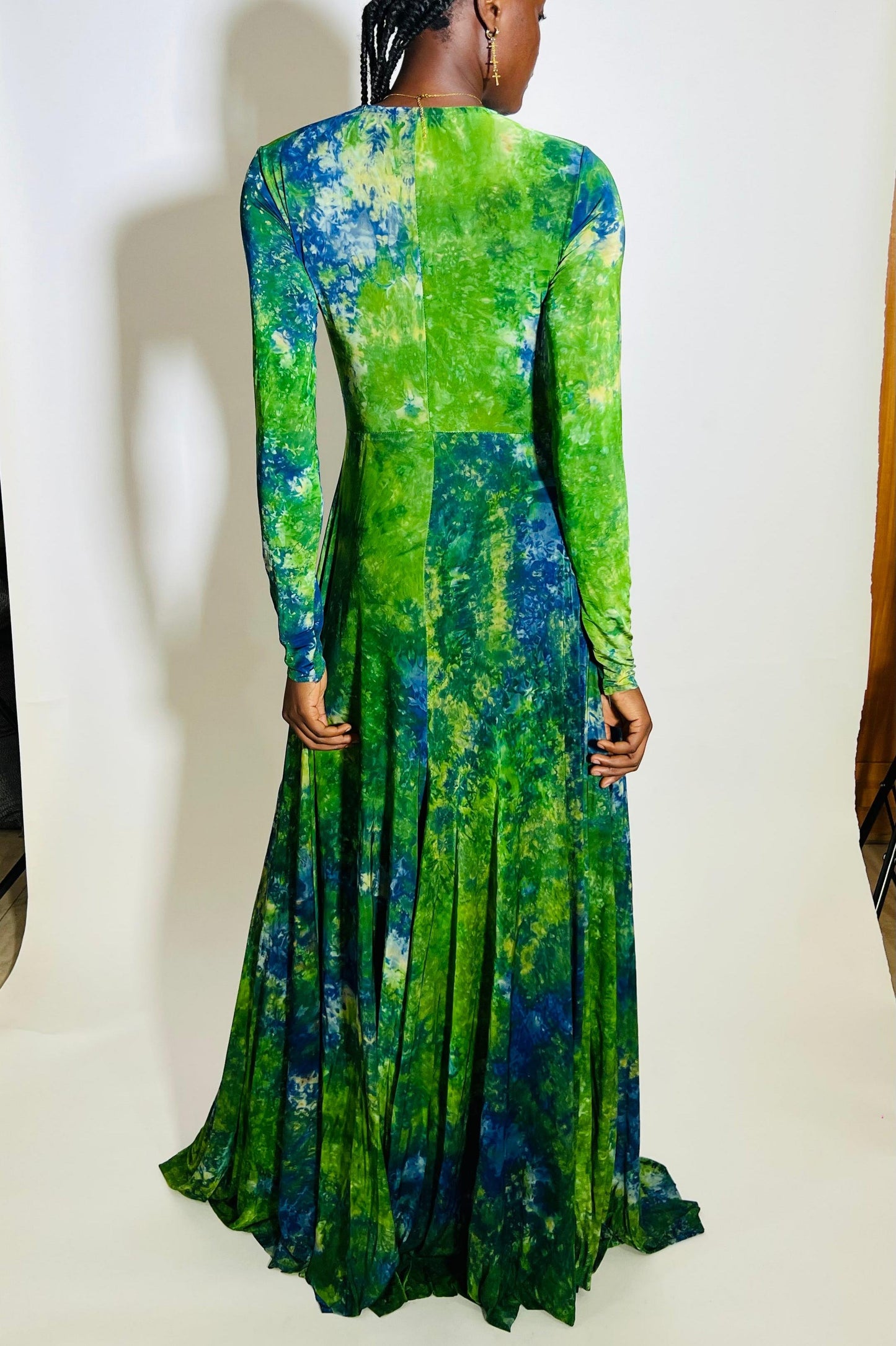 Green & Blue Tie Dye Long Sleeve Deep V Maxi Dress