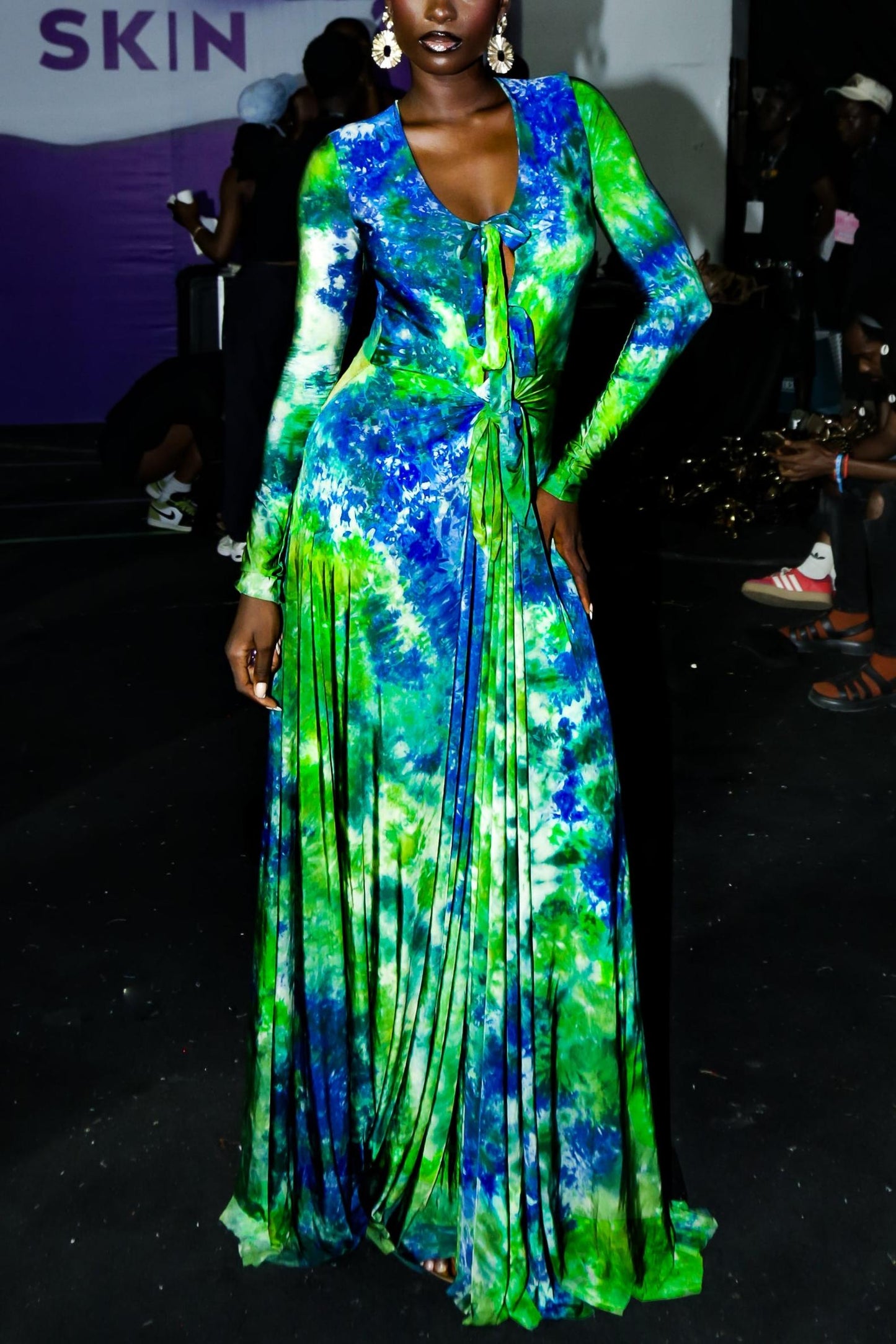 Green & Blue Tie Dye Long Sleeve Deep V Maxi Dress