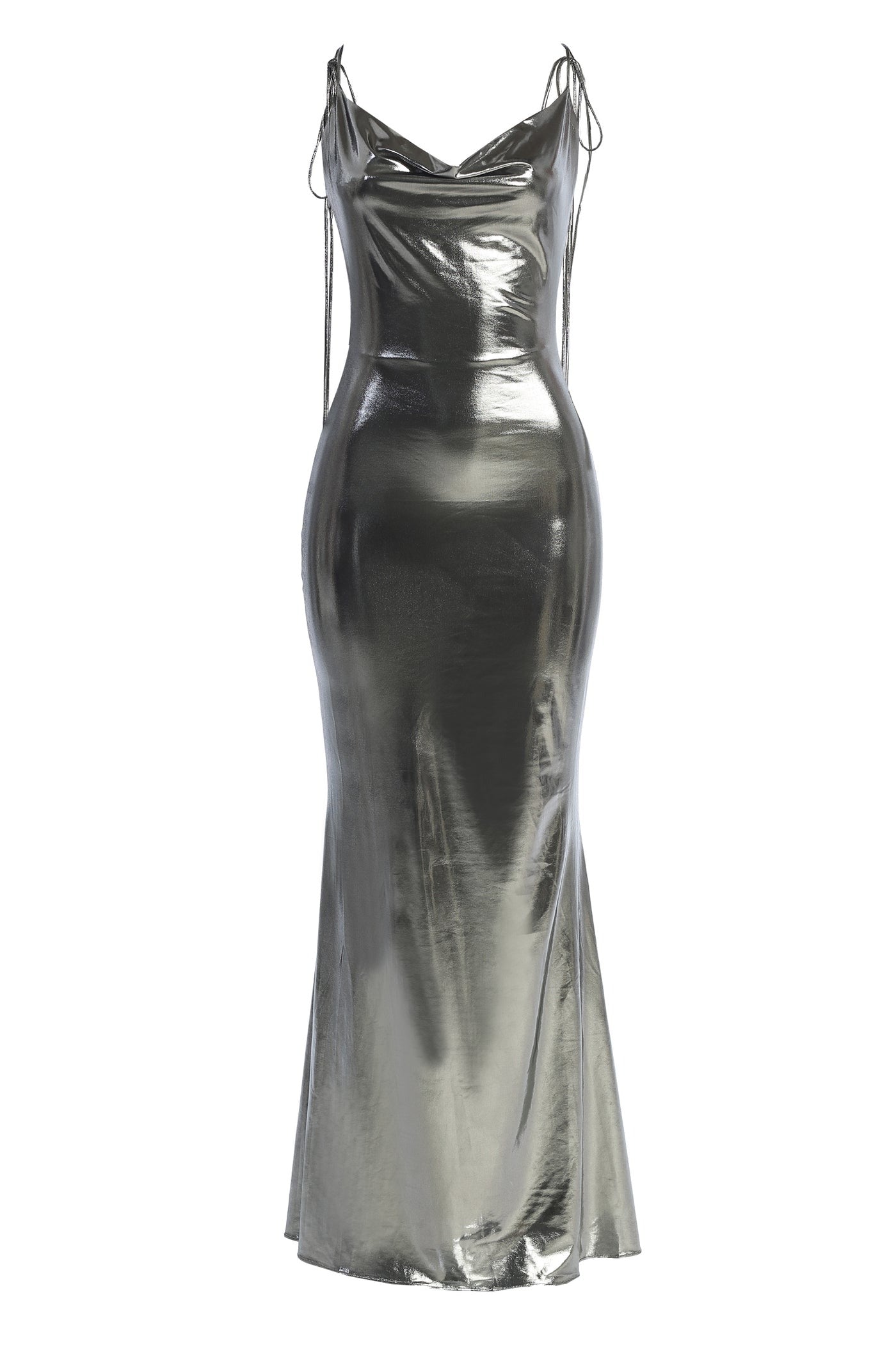 Metallic Silver Spaghetti Strap Open Back Bodycon Maxi Dress