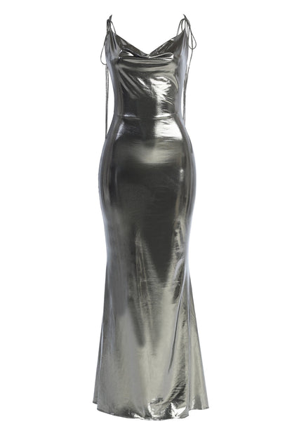 Metallic Silver Spaghetti Strap Open Back Bodycon Maxi Dress