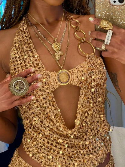 Gilded Sequin Knit 3-Piece Set: Halter Cutout Crop Top + Underbust Bralette + Mini Skirt for Glam Party Events