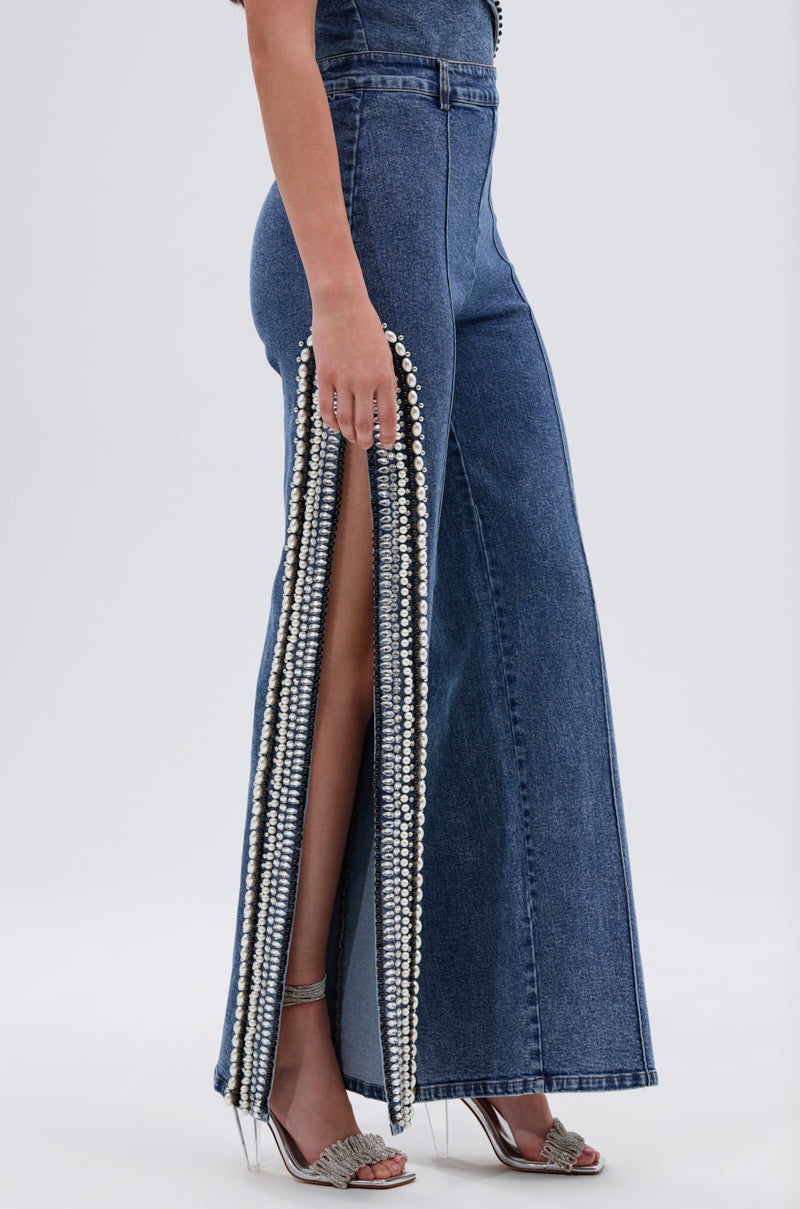 Y2K Pearl Embellished 2-Piece Set: Bodycon Denim Bodysuit + Side Slit Jeans