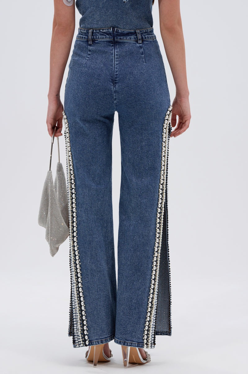 Y2K Pearl Embellished 2-Piece Set: Bodycon Denim Bodysuit + Side Slit Jeans