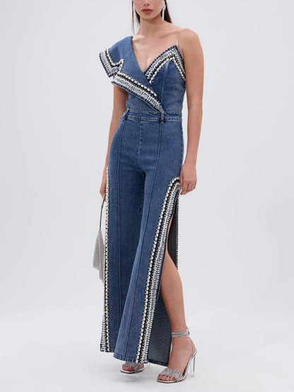 Y2K Pearl Embellished 2-Piece Set: Bodycon Denim Bodysuit + Side Slit Jeans