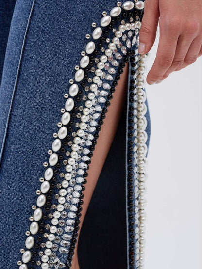 Y2K Pearl Embellished 2-Piece Set: Bodycon Denim Bodysuit + Side Slit Jeans
