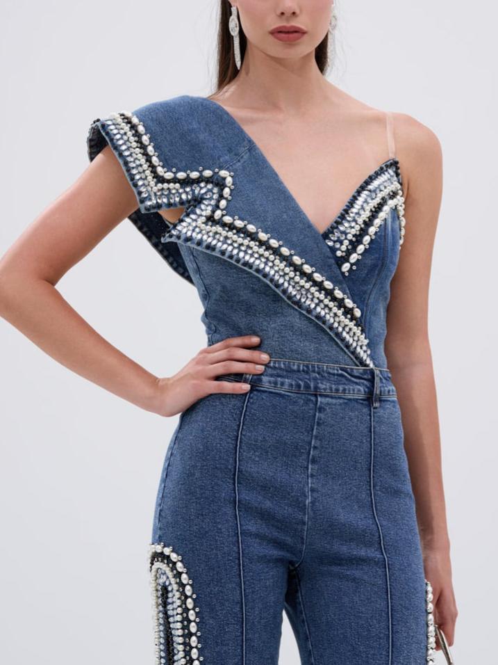 Y2K Pearl Embellished 2-Piece Set: Bodycon Denim Bodysuit + Side Slit Jeans