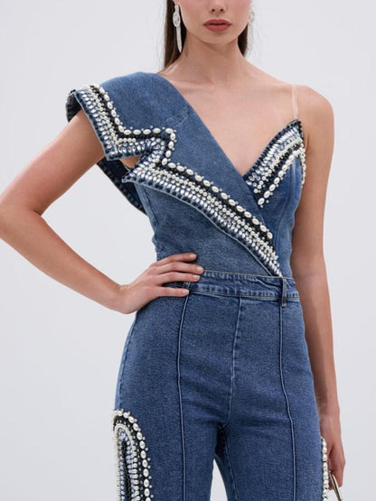 Y2K Pearl Embellished 2-Piece Set: Bodycon Denim Bodysuit + Side Slit Jeans