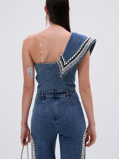 Y2K Pearl Embellished 2-Piece Set: Bodycon Denim Bodysuit + Side Slit Jeans