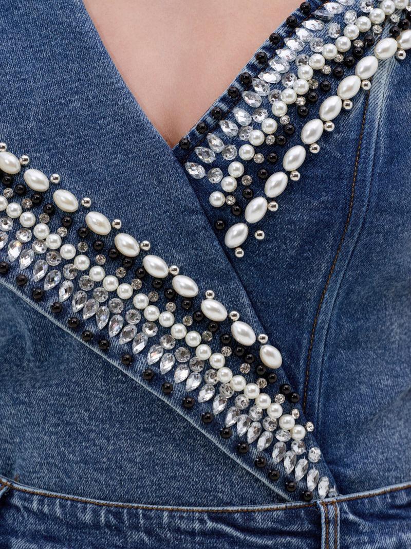 Y2K Pearl Embellished 2-Piece Set: Bodycon Denim Bodysuit + Side Slit Jeans