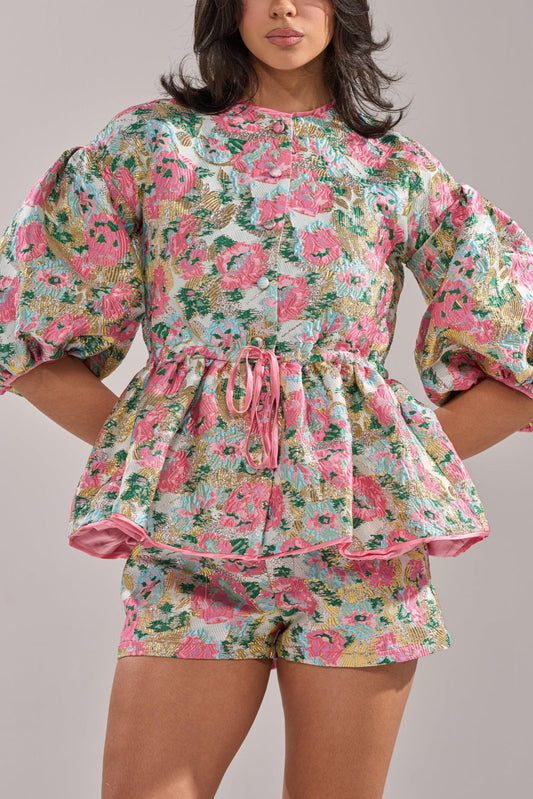 Pink Floral Brocade Co-Ord Set - Puff Sleeve Peplum Top & High-Waisted Shorts