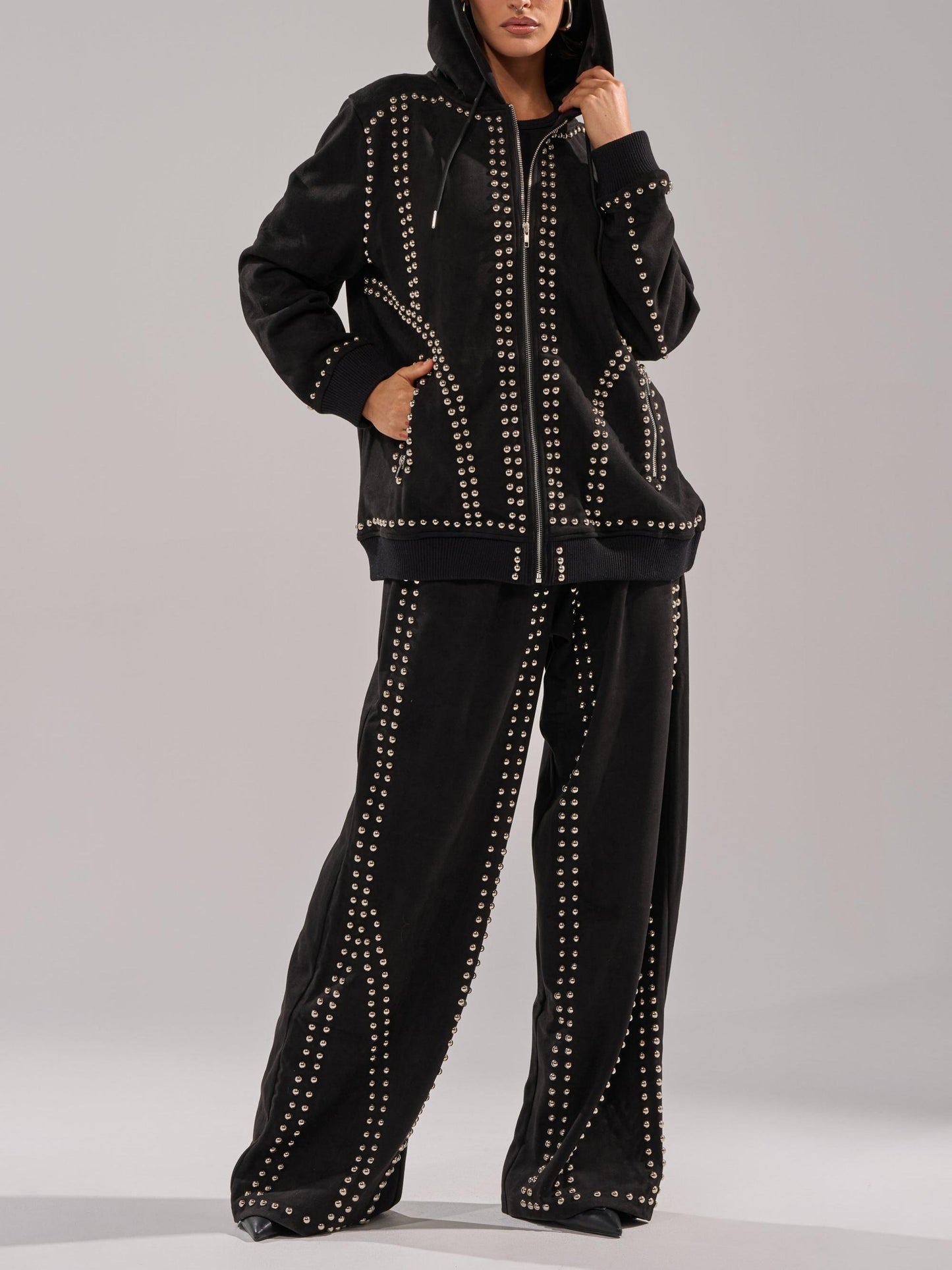 Black Studded Hoodie & Wide-Leg Pants 2-Piece Set