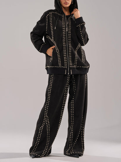 Black Studded Hoodie & Wide-Leg Pants 2-Piece Set