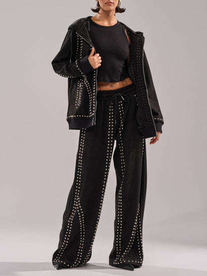 Black Studded Hoodie & Wide-Leg Pants 2-Piece Set