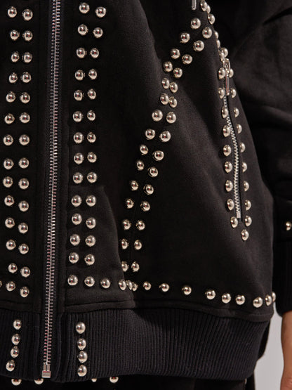 Black Studded Hoodie & Wide-Leg Pants 2-Piece Set