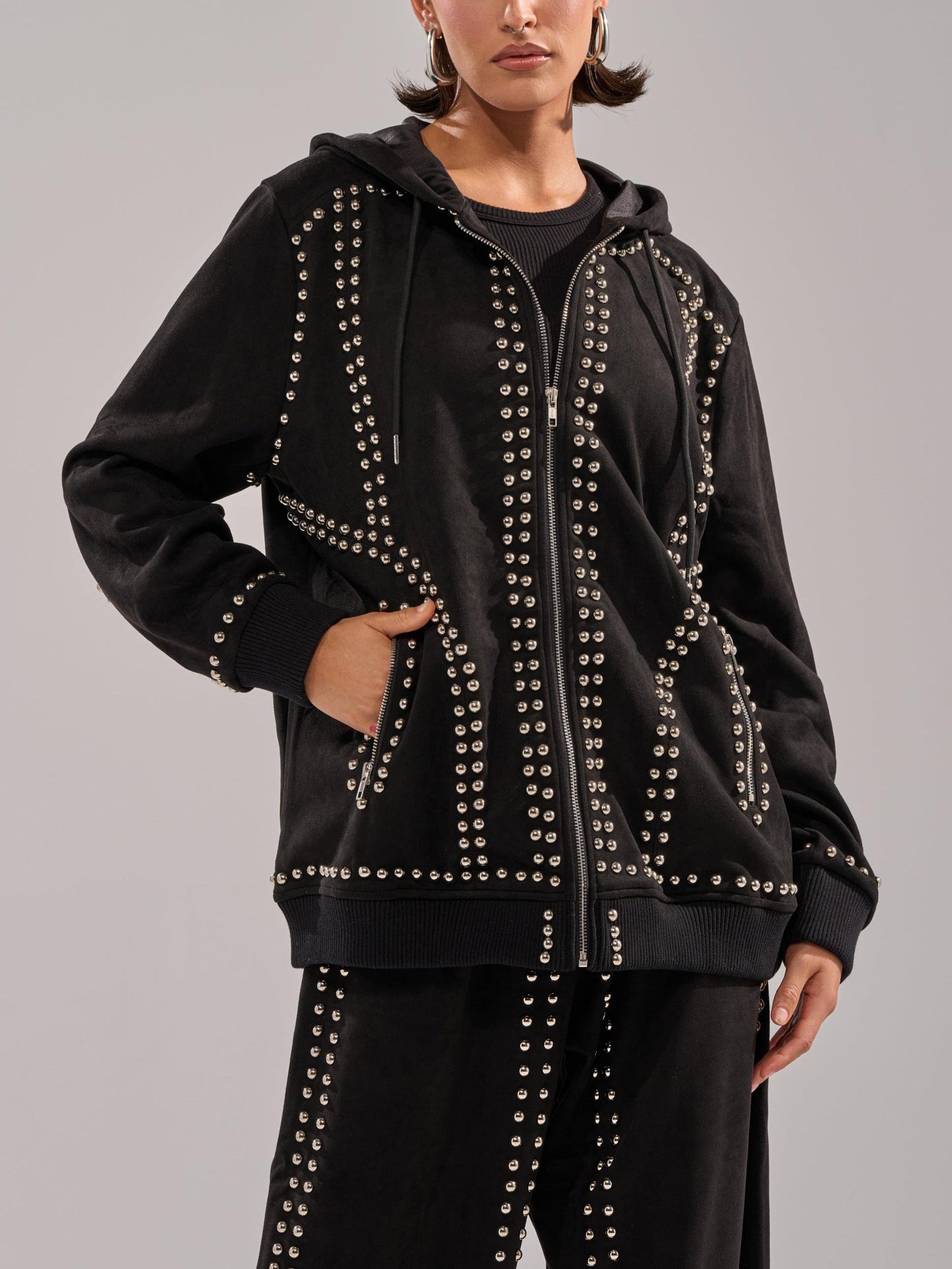 Black Studded Hoodie & Wide-Leg Pants 2-Piece Set