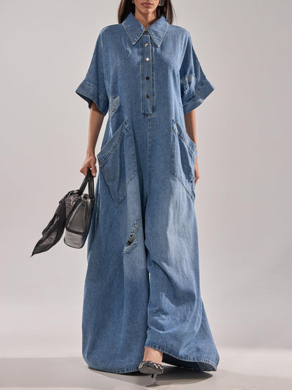 Oversized Washed Blue Denim Maxi Jumpsuit