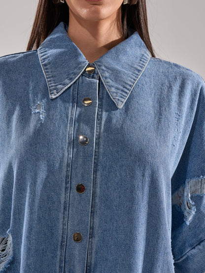 Oversized Washed Blue Denim Maxi Jumpsuit