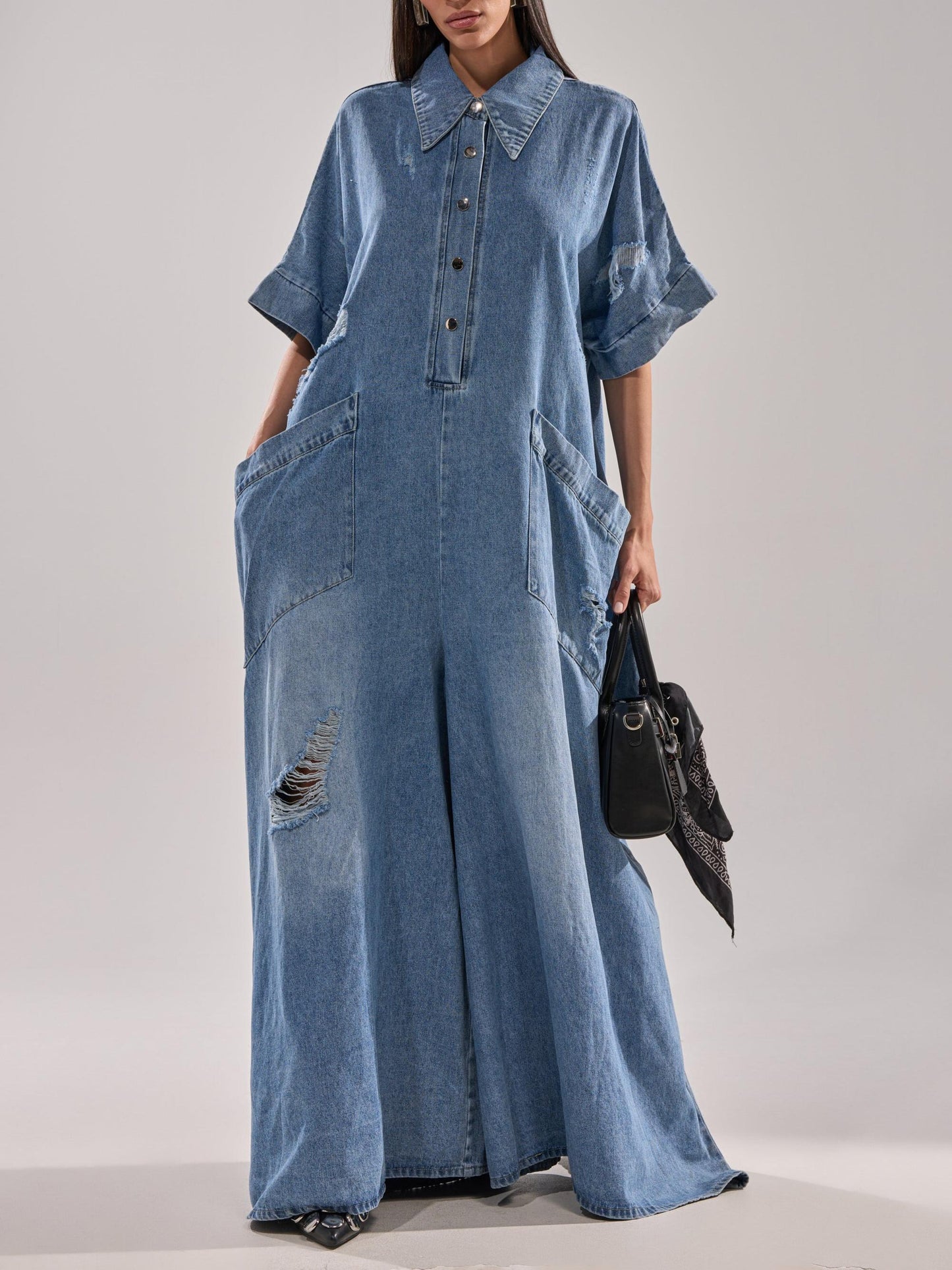 Oversized Washed Blue Denim Maxi Jumpsuit