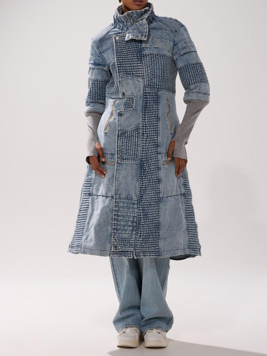 Vintage Patchwork Denim Trench Coat