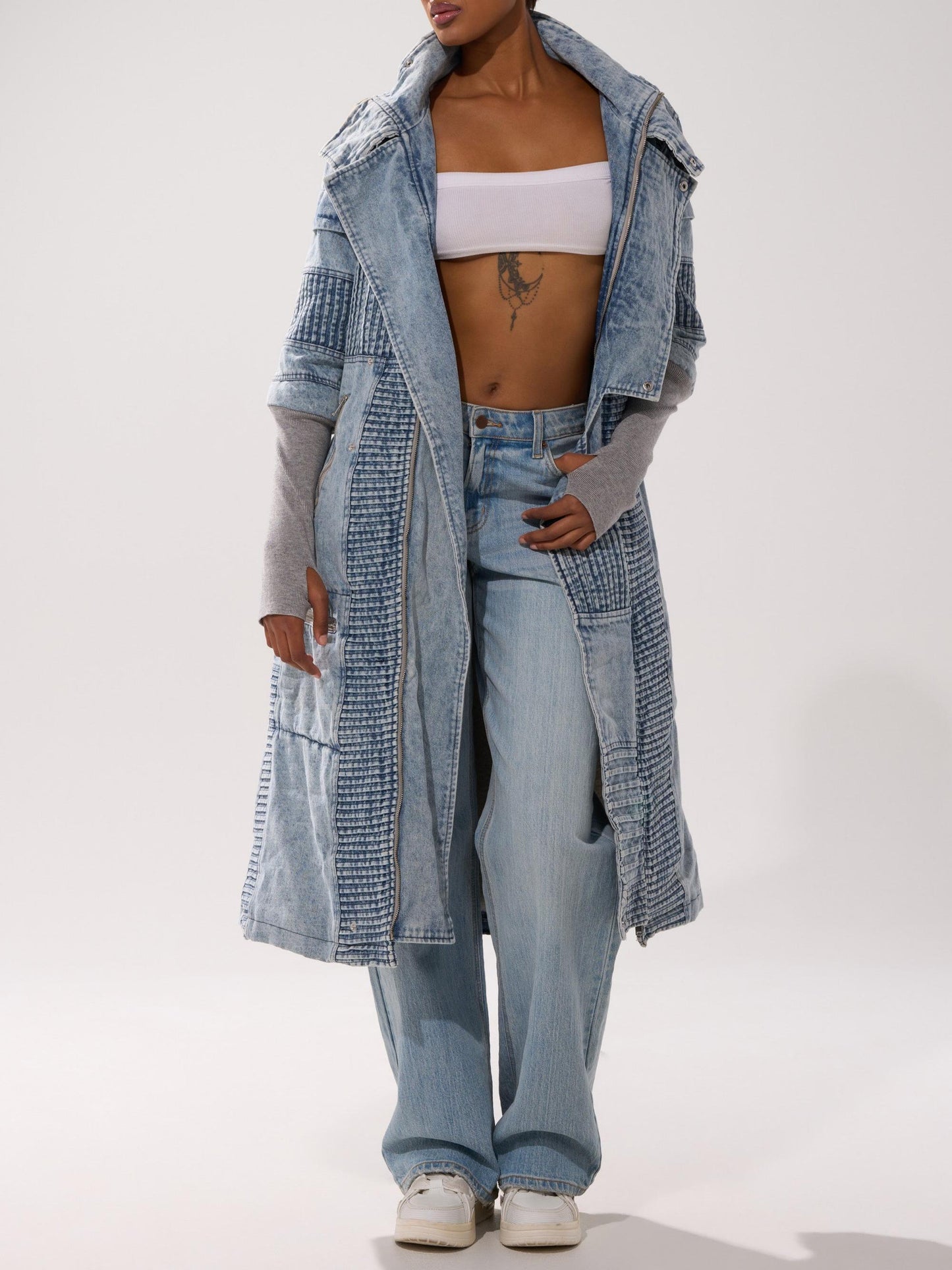 Vintage Patchwork Denim Trench Coat