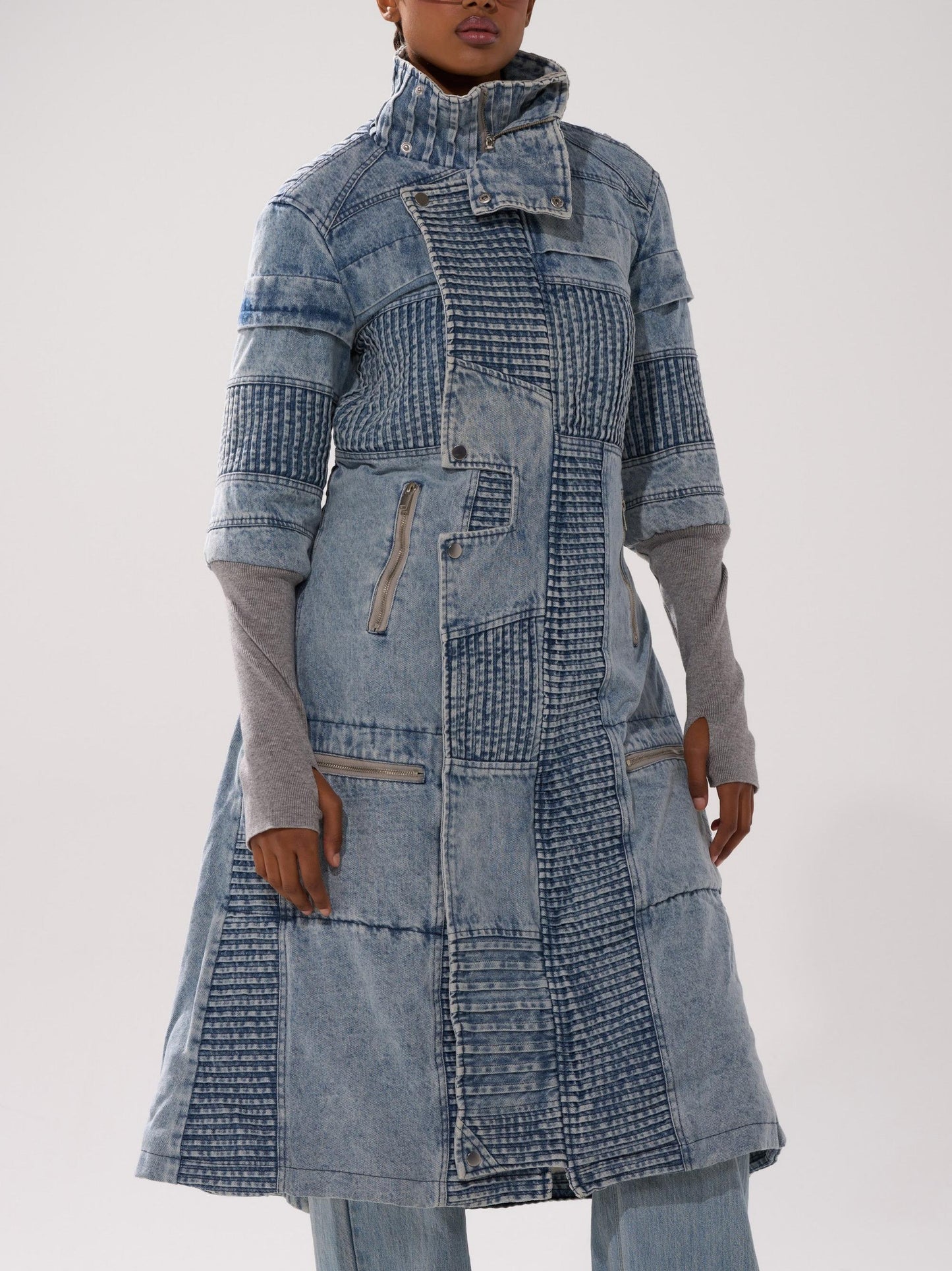 Vintage Patchwork Denim Trench Coat
